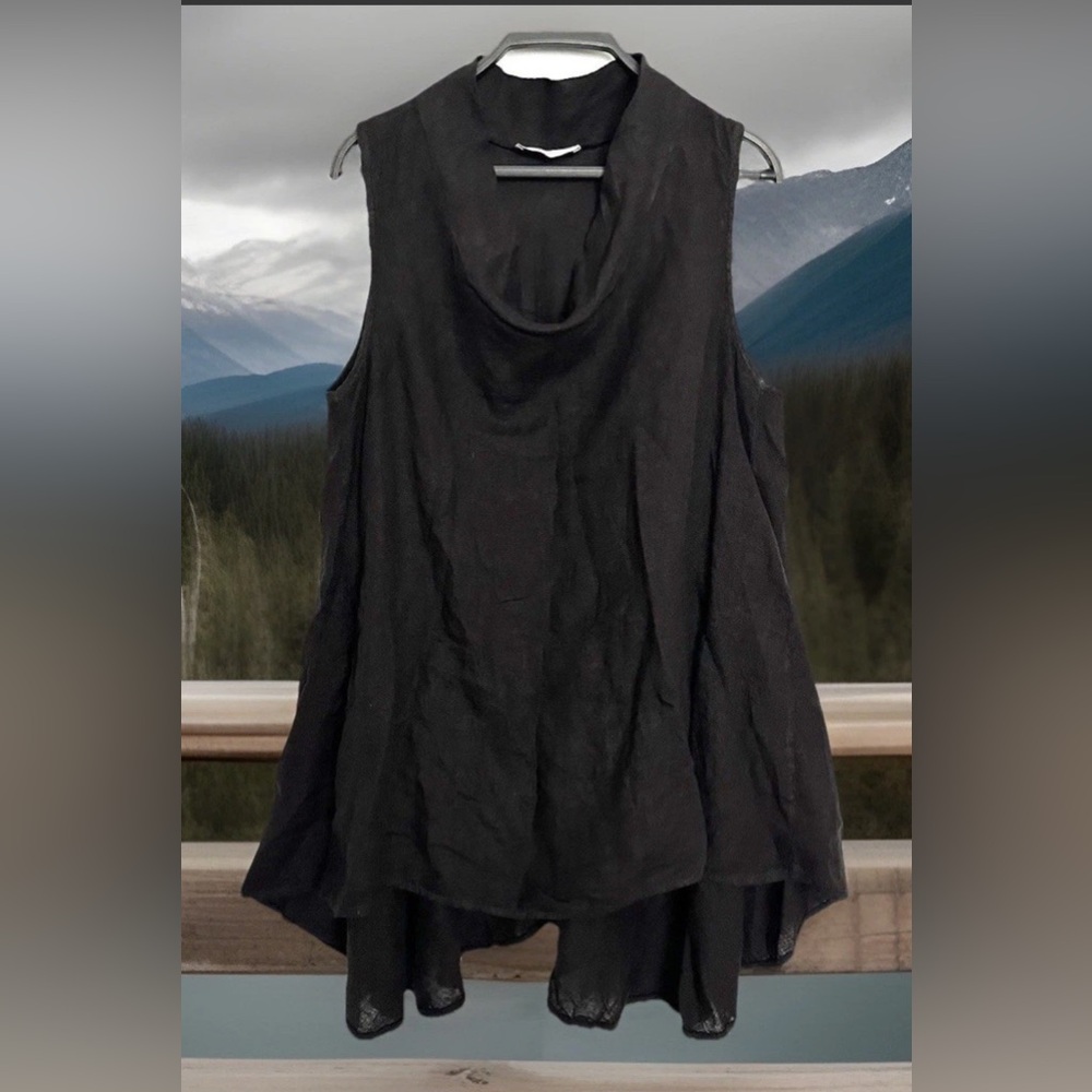 Tina Stephens Linen Top One Size Black Drape Neck Asymmetric Hem Lagenlook Italy